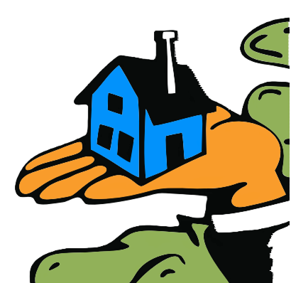 Orangefarbene Hand hält blaues Haus mit schwarzem Dach und Schornstein, grüne Ärmel sichtbar.